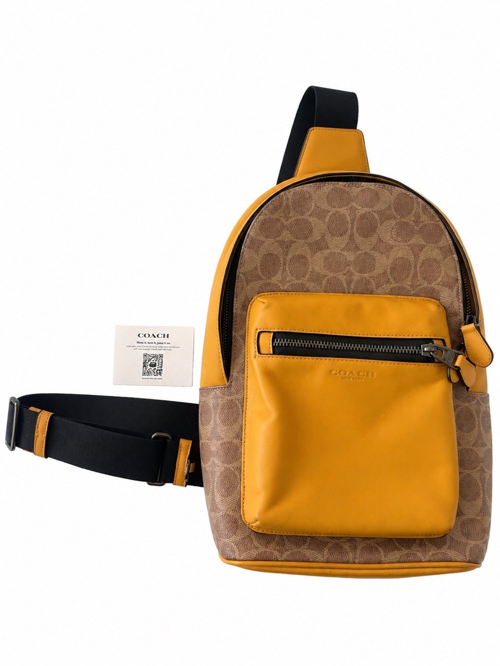 COACH Men's Signature Canvas Belt Bag with Mustard Yellow Leather Trim
